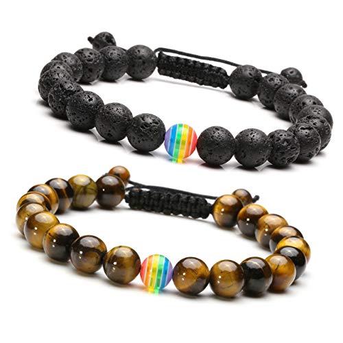 CrystalTears - 2 Pulseras Unisex de Piedras Naturales con Perlas de Acrobaleno, Ajustables de 16 a 27 cm, Lava+Ojo de Tigre