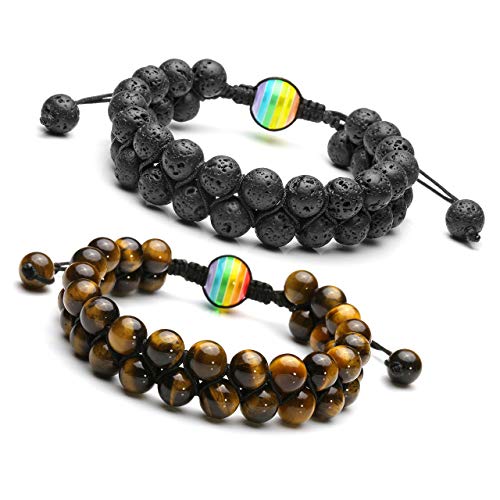 CrystalTears - 2 Pulseras Unisex de Piedras Naturales con Perlas de Acrobaleno, Ajustables de 16 a 27 cm, Lava+Ojo de Tigre